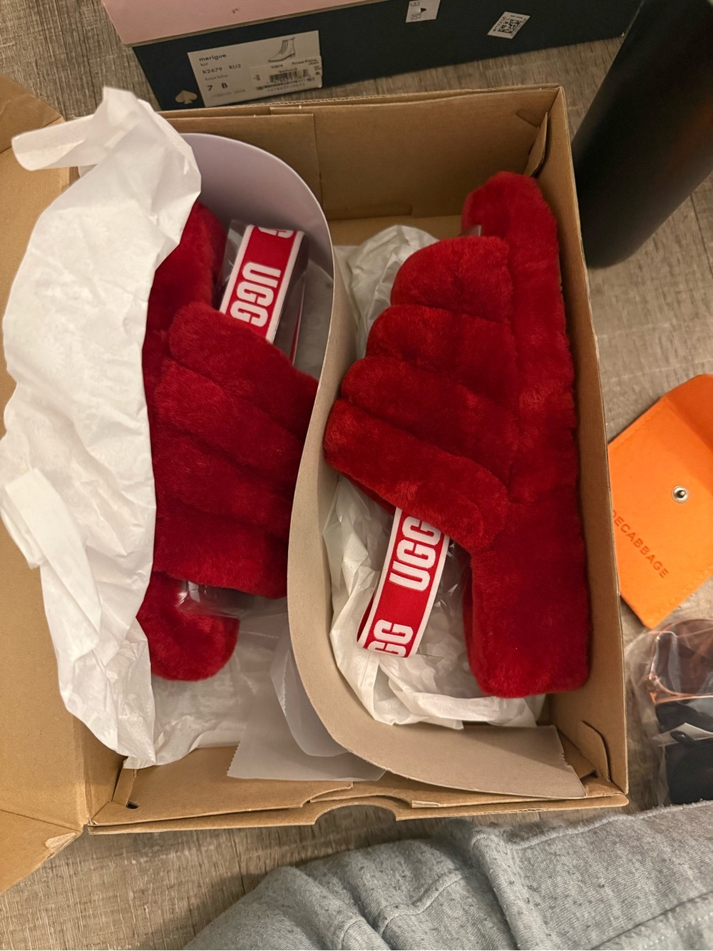 UGG Red Plush Slide Sandals with Logo Heel Strap
